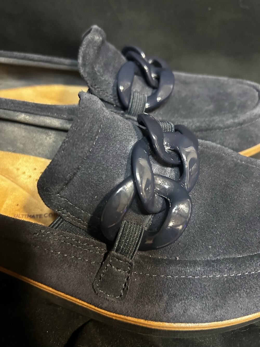 Clarks Zylah May Navy Suede Chain Loafers Womens 9M Ultimate Comfort Slip On